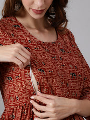 Women Rust Ethnic Printed Maternity Dress With Three Quarter Sleeves