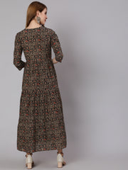 Women Black & Beige Ethnic Printed Maternity Dress With Three Quarter Sleeves