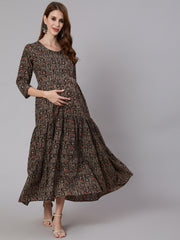 Women Black & Beige Ethnic Printed Maternity Dress With Three Quarter Sleeves