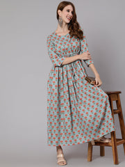 Women Sage Green Floral Printed Flared Dress With Three Quarter Sleeves