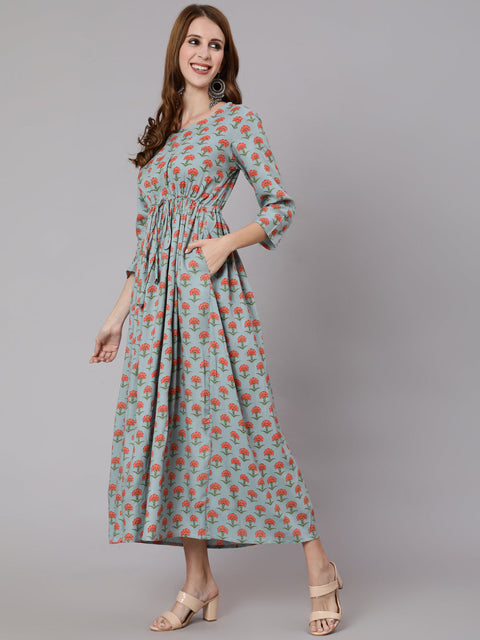 Women Sage Green Floral Printed Flared Dress With Three Quarter Sleeves