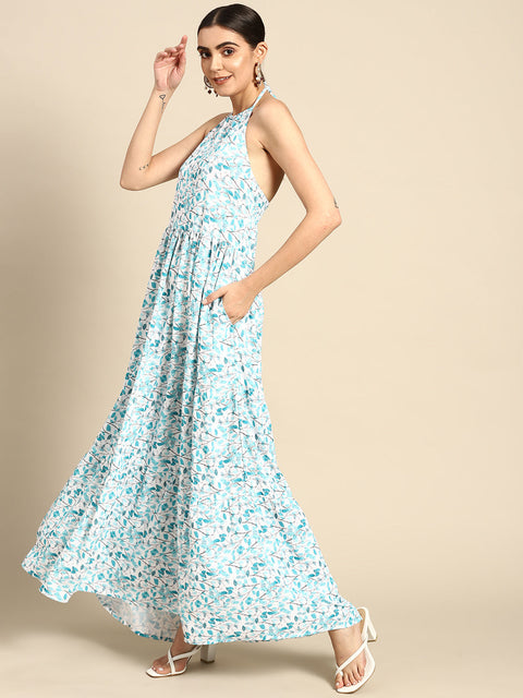 Women Off White & Green Halter Dress