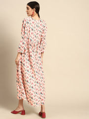 Women Peach Floral Printed Dress With Three Quarter Sleeves