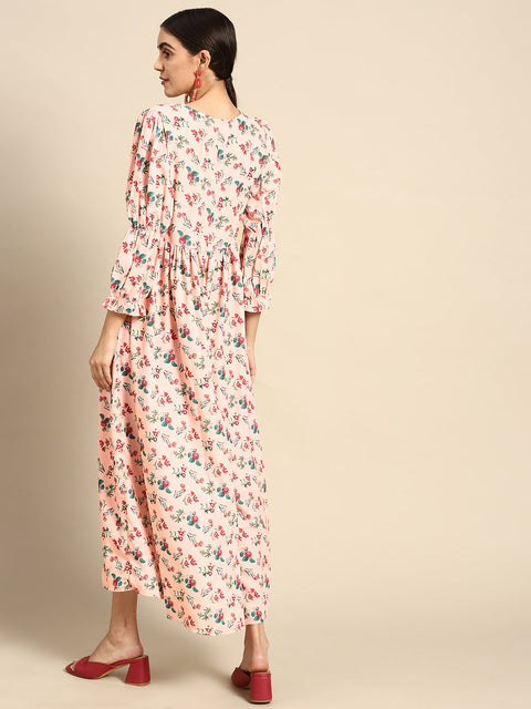 Women Peach Floral Printed Dress With Three Quarter Sleeves