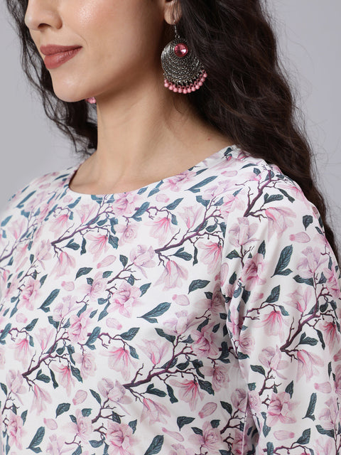 Women Off White Printed Flared Dress With Three Quarter Sleeves