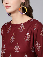Women Burgundy Printed Flared Dress With Three Quarter Sleeves