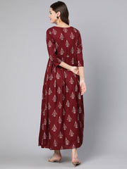 Women Burgundy Printed Flared Dress With Three Quarter Sleeves