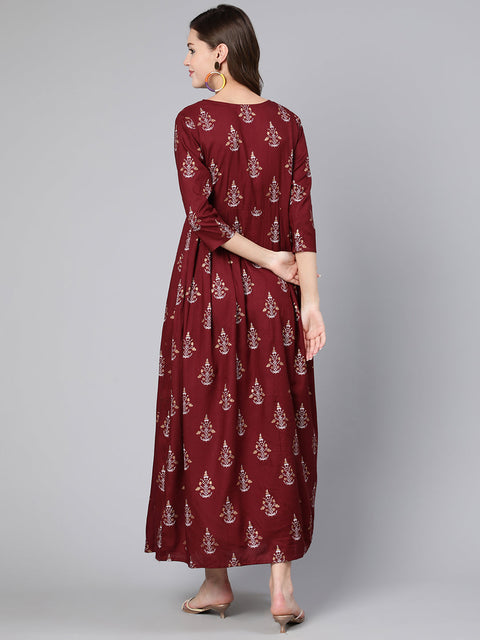 Women Burgundy Printed Flared Dress With Three Quarter Sleeves