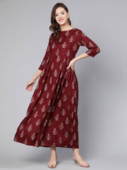 Women Burgundy Printed Flared Dress With Three Quarter Sleeves