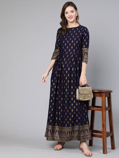 Women Blue Printed Flared Dress With Three Quarter Sleeves
