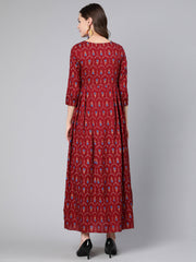 Women Maroon Printed Flared Dress With Three Quarter Sleeves