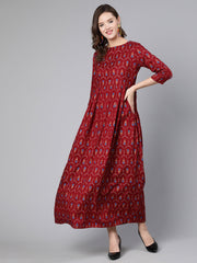 Women Maroon Printed Flared Dress With Three Quarter Sleeves