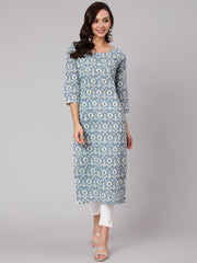 Women Grey Abstrak Printed Straight Kurta With Three Quarter Sleeves