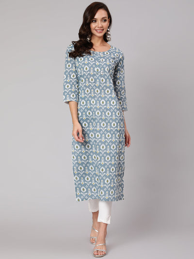 Women Grey Abstrak Printed Straight Kurta With Three Quarter Sleeves