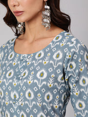 Women Grey Abstrak Printed Straight Kurta With Three Quarter Sleeves