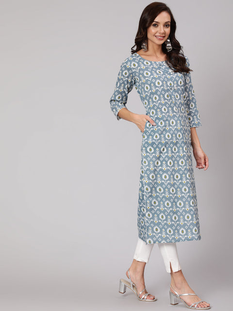 Women Grey Abstrak Printed Straight Kurta With Three Quarter Sleeves