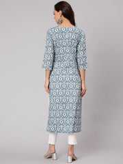 Women Grey Abstrak Printed Straight Kurta With Three Quarter Sleeves