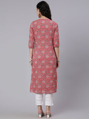 Women Pink Floral Printed Straight Kurta With Three Quarter Sleeves