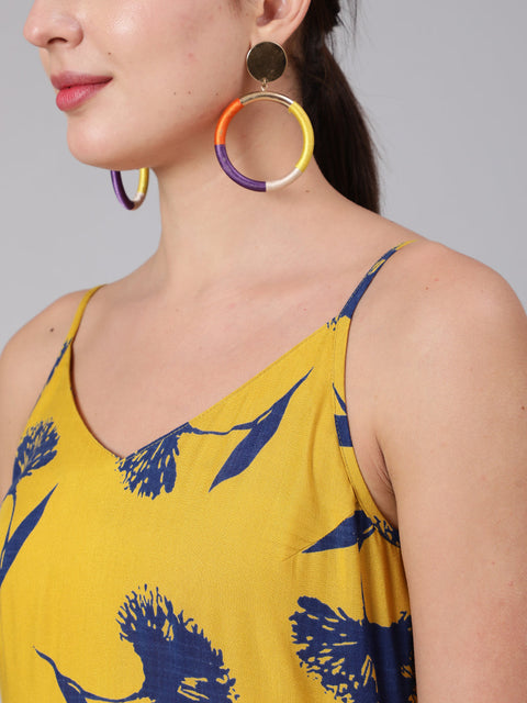 Women Yellow Floral Printed Sleeveless Dress