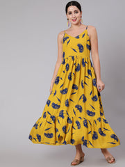 Women Yellow Floral Printed Sleeveless Dress