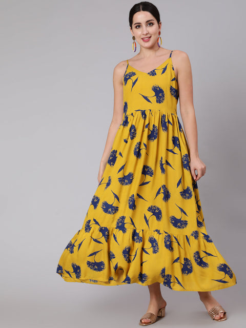 Women Yellow Floral Printed Sleeveless Dress