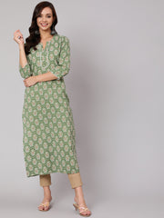 Women Green Ethnic Printed Straight Kurta With Three Quarter Sleeves
