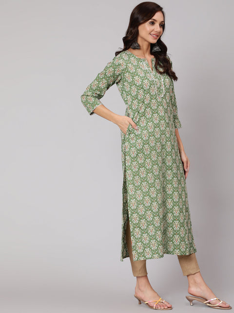 Women Green Ethnic Printed Straight Kurta With Three Quarter Sleeves