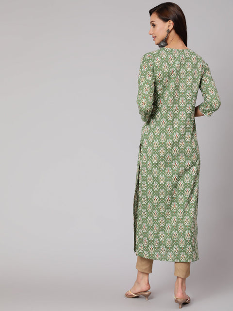 Women Green Ethnic Printed Straight Kurta With Three Quarter Sleeves