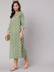 Women Green Ethnic Printed Straight Kurta With Three Quarter Sleeves