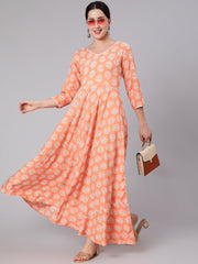 Women Peach Floral Printed Dress With Three Quarter Sleeves