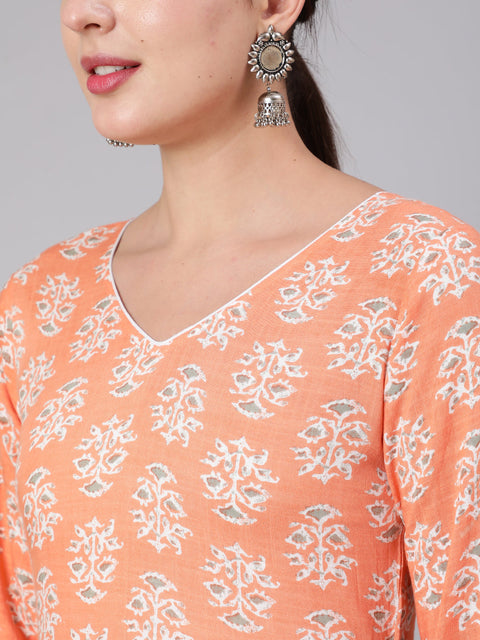 Women Peach Floral Printed Dress With Three Quarter Sleeves