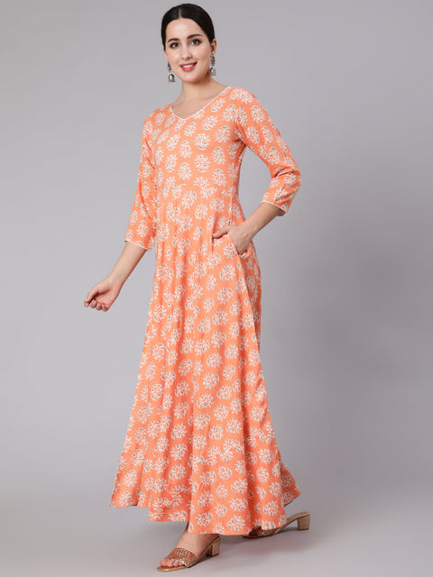 Women Peach Floral Printed Dress With Three Quarter Sleeves