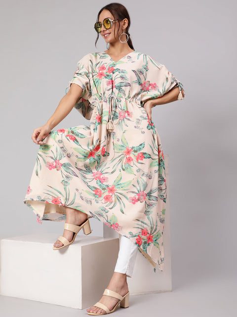 Women Cream Floral Printed V-Neck Kaftan Kurta