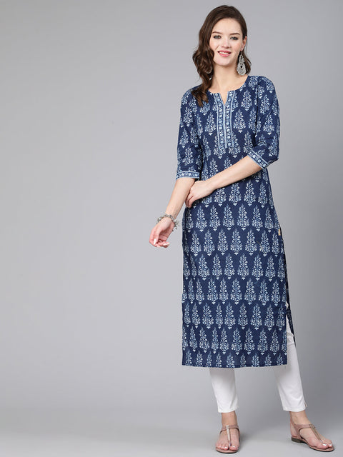 Women Blue Ethnic Printed Straight Kurta With Three Quarter Sleeves