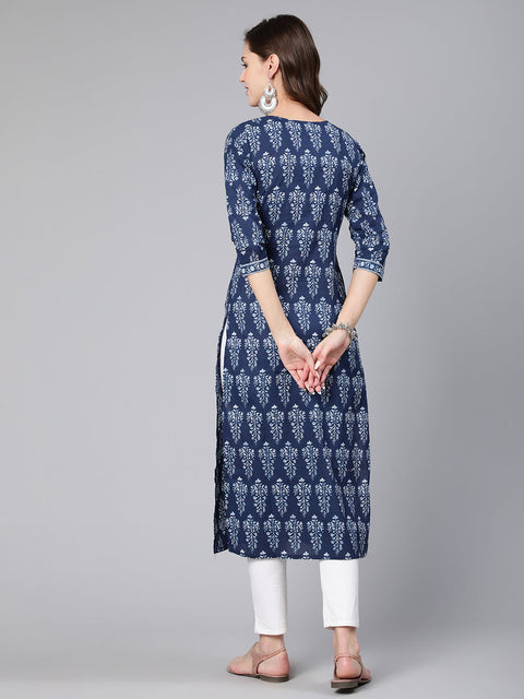 Women Blue Ethnic Printed Straight Kurta With Three Quarter Sleeves