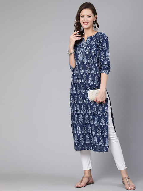 Women Blue Ethnic Printed Straight Kurta With Three Quarter Sleeves