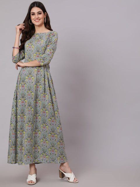 Women Grey Abstract Printed Plited Dress With Three Quarter Sleeves