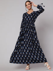 Women Navy Blue Ethnic Printed Gathered Dress With Three Quarter Sleeves
