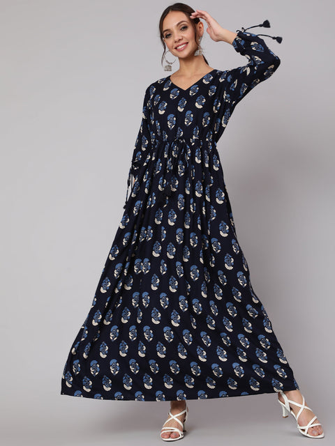 Women Navy Blue Ethnic Printed Gathered Dress With Three Quarter Sleeves