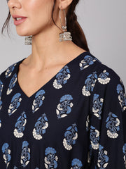 Women Navy Blue Ethnic Printed Gathered Dress With Three Quarter Sleeves