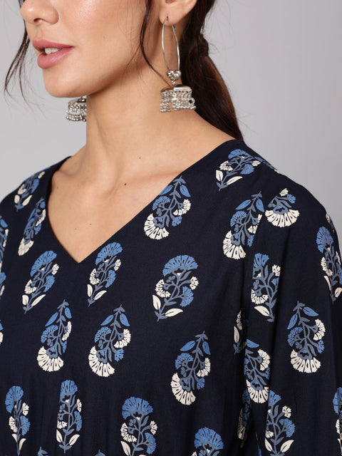 Women Navy Blue Ethnic Printed Gathered Dress With Three Quarter Sleeves