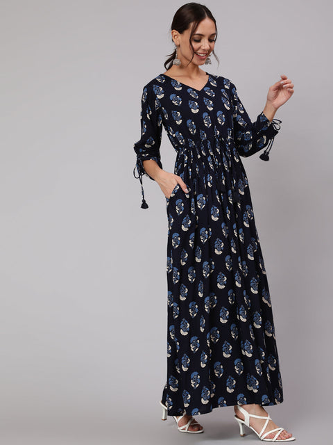 Women Navy Blue Ethnic Printed Gathered Dress With Three Quarter Sleeves