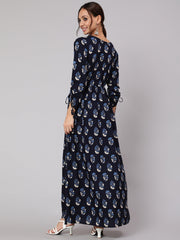Women Navy Blue Ethnic Printed Gathered Dress With Three Quarter Sleeves