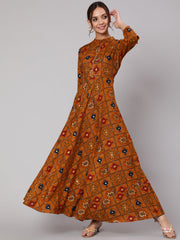 Women Mustrad Ethnic Printed Gathered Dress With Three Quarter Sleeves