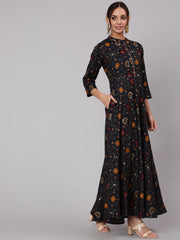 Women Navy Blue Ethnic Printed Gathered Dress With Three Quarter Sleeves