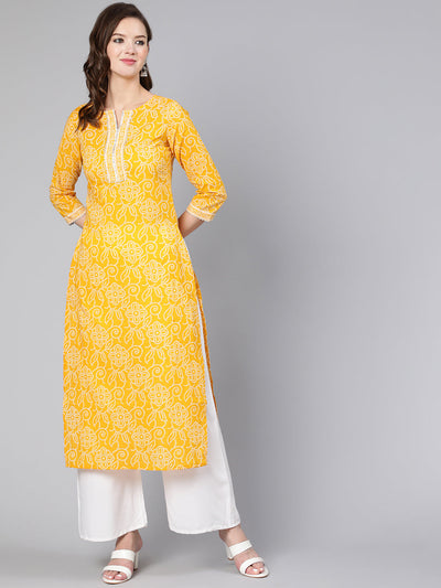 Women Yellow Bandhani Printed Straight Kurta With Three Quarter Sleeves