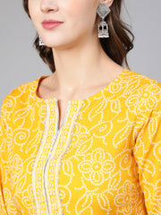 Women Yellow Bandhani Printed Straight Kurta With Three Quarter Sleeves