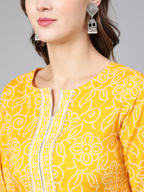 Women Yellow Bandhani Printed Straight Kurta With Three Quarter Sleeves