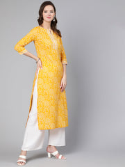Women Yellow Bandhani Printed Straight Kurta With Three Quarter Sleeves