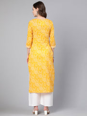 Women Yellow Bandhani Printed Straight Kurta With Three Quarter Sleeves